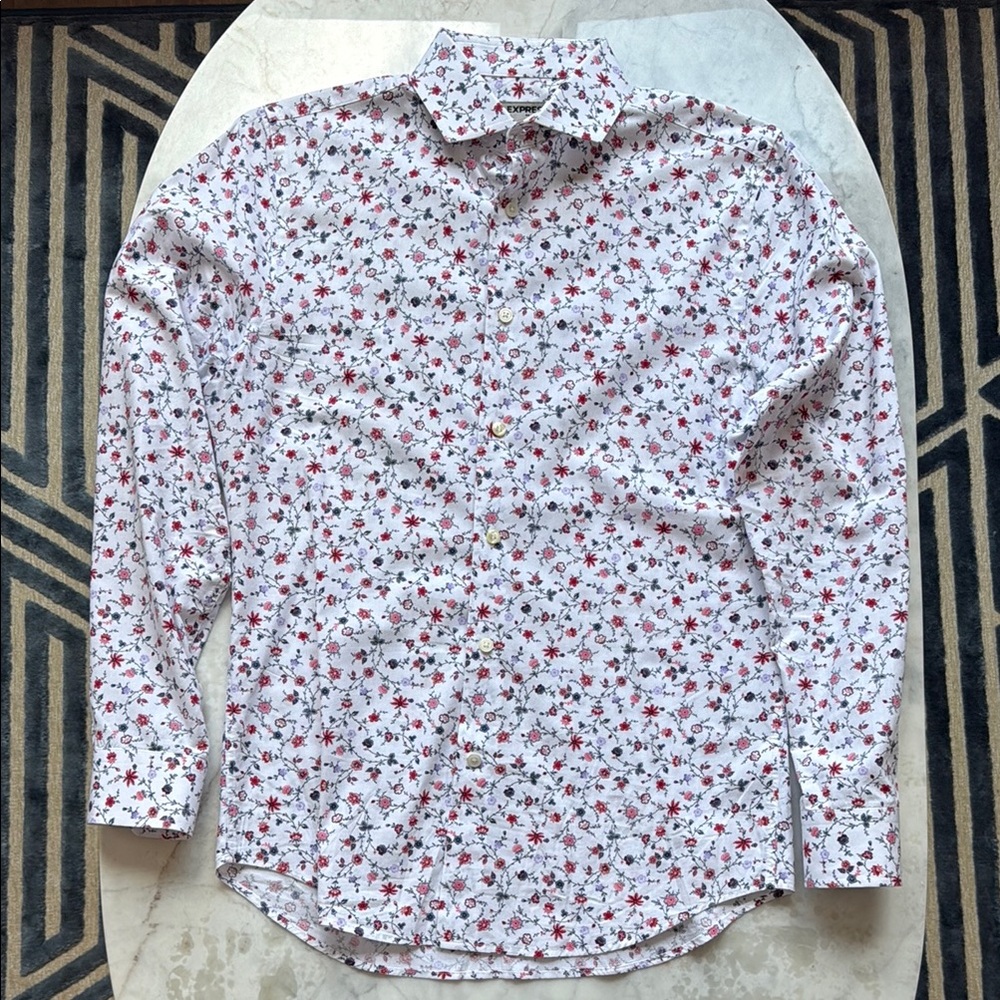 Express White and Red Floral Casual Button Down Shirt